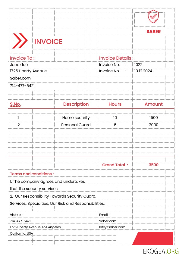 Modèle de facture pour les services de garde de sécurité